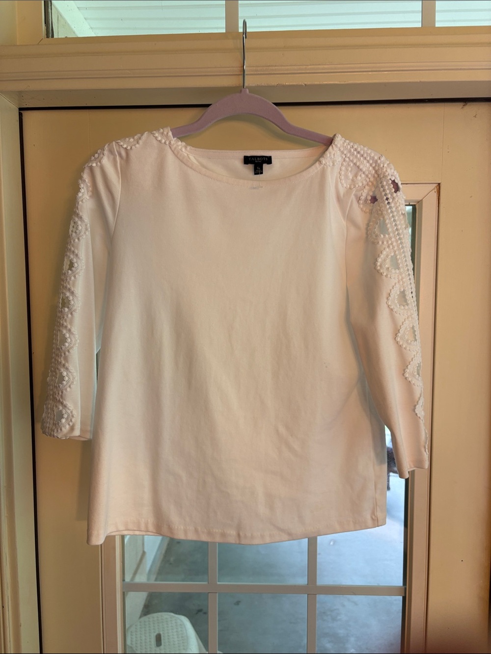 Vintage Talbots White Cotton Top with Embroidered Lace Sleeves